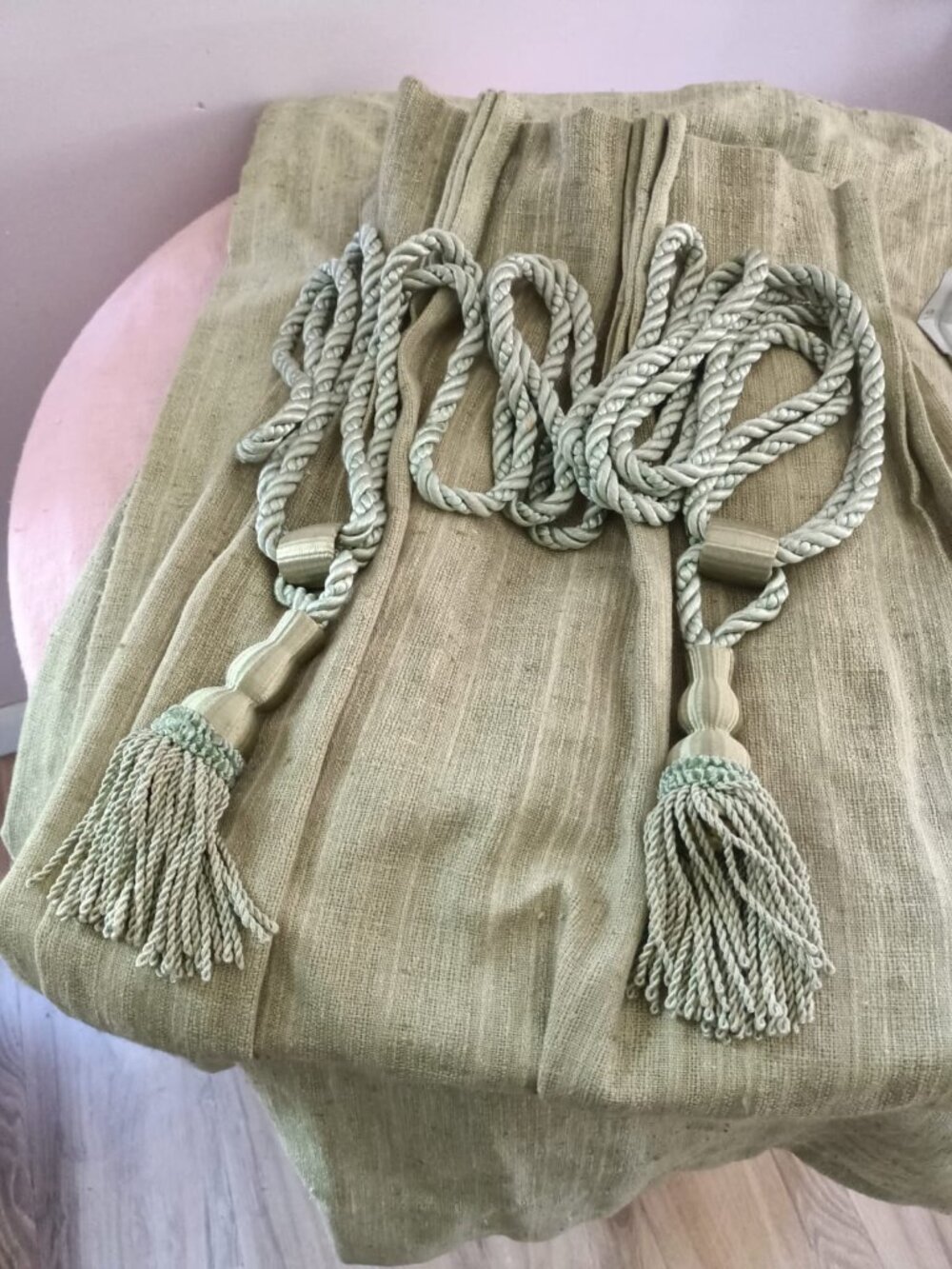 Vintage Chartreuse Pinch Pleat Drapes Curtains 80" Tassel Tiebacks Pair